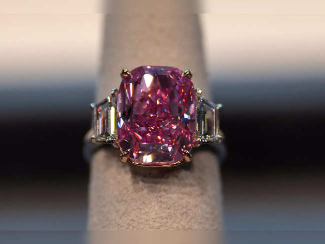 A pink diamond with an estimated value of $35 million is displayed during a press preview ahead of Sotheby's Magnificent Jewels sale in New York City