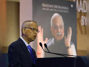 Ahmedabad: Narayan Murthy, co-founder of Infosys speaks at the release of a book...