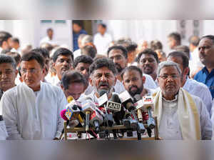 Senior Congress leader DK Shivakumar with party leaders Siddaramaiah