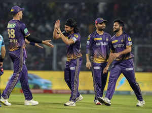 Kolkata: KKR bowler Suyash Sharma celebrates with teammates after dismissing RCB...