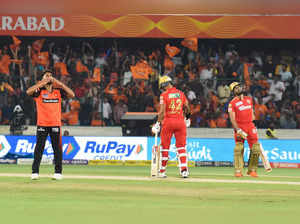 Hyderabad: Sunrisers Hyderabad bowler Umran Malik celebrates the wicket of Punja...