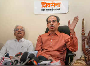 Mumbai: Shiv Sena (UBT) President Uddhav Thackeray addresses a press conference,...