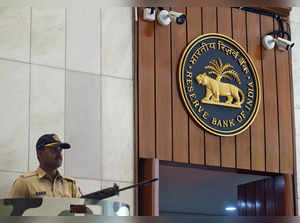 A policeman stands guard at the entrance of the Reserve Bank of India headquarters in Mumbai