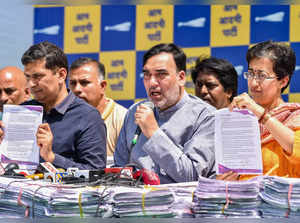 New Delhi: Aam Aadmi Party (AAP) leaders Gopal Rai, Saurabh Bhardwaj and Atishi ...