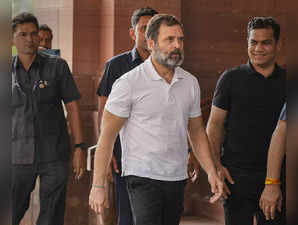 New Delhi: Congress leader Rahul Gandhi arrives at Parliament House complex, in ...