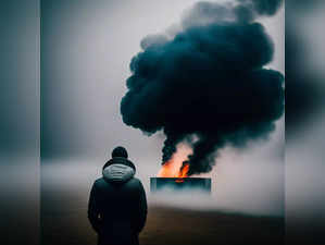 person looking at a black smoker in fog in an exhi