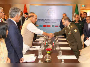 New Delhi: Defence Minister, Rajnath Singh with Iranâs Defence Minister, Brigadier General Mohammad Reza Gharaei Ashtiyani during a meeting, in New Delhi, on Thursday, April 27, 2023.(Photo: IANS/Twitter)