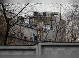 A general view shows a building damaged in the night by Russian drone strikes in Kyiv