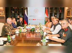 New Delhi: Defence Minister Rajnath Singh meeting with the Defence Minister of Russia, General Sergei Shoigu on the sidelines of Shanghai Cooperation Organisation (SCO) Defence Ministers, in New Delhi on April 28, 2023. (Photo:PIB/ IANS)