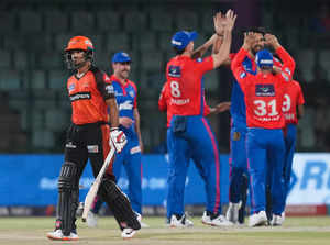 New Delhi: Sunrisers Hyderabad batter Mayank Agarwal leaves after his dismissal ...