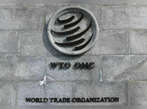 A logo is pictured outside the World Trade Organisation (WTO) in Geneva