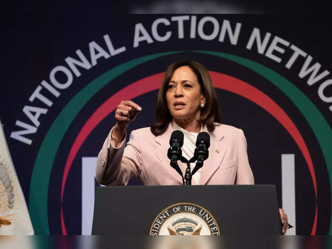 US Vice President Kamala Harris speaks during the National Action Network Convention in New York