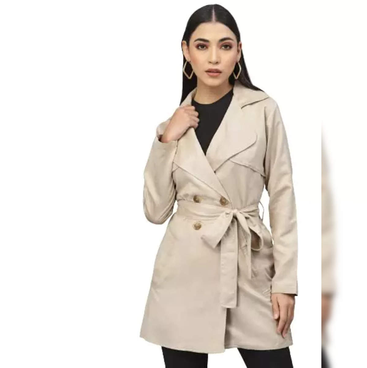 Ladies Belted Double Breasted Outwear Trench Coat Ol Overcoat Blend Jackets  Coat