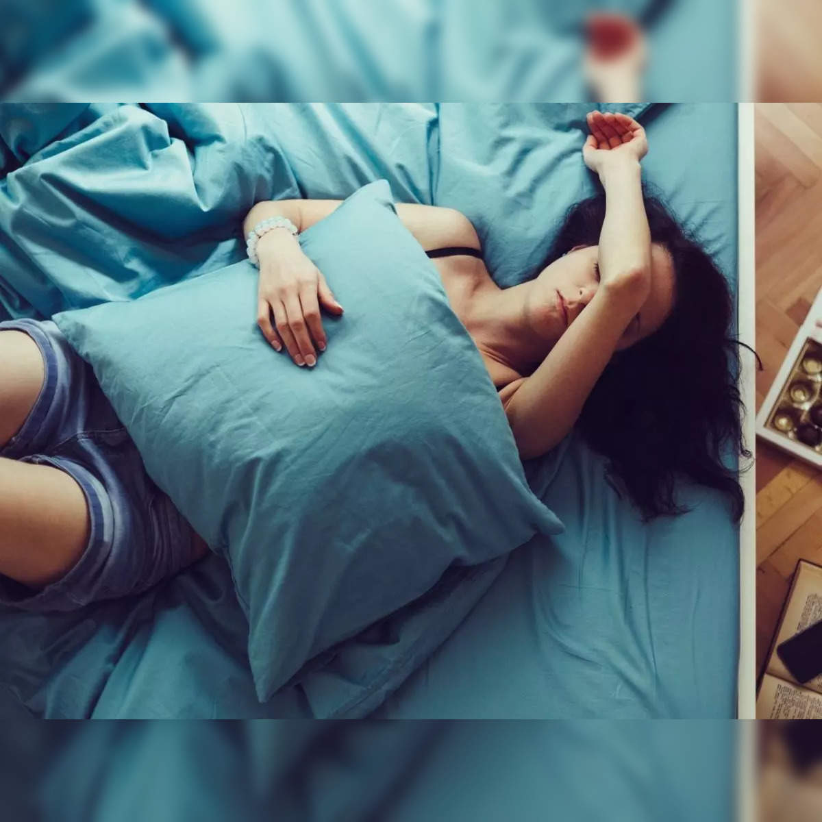 girl sleeping in lingerie in bed woke up, Stock Video