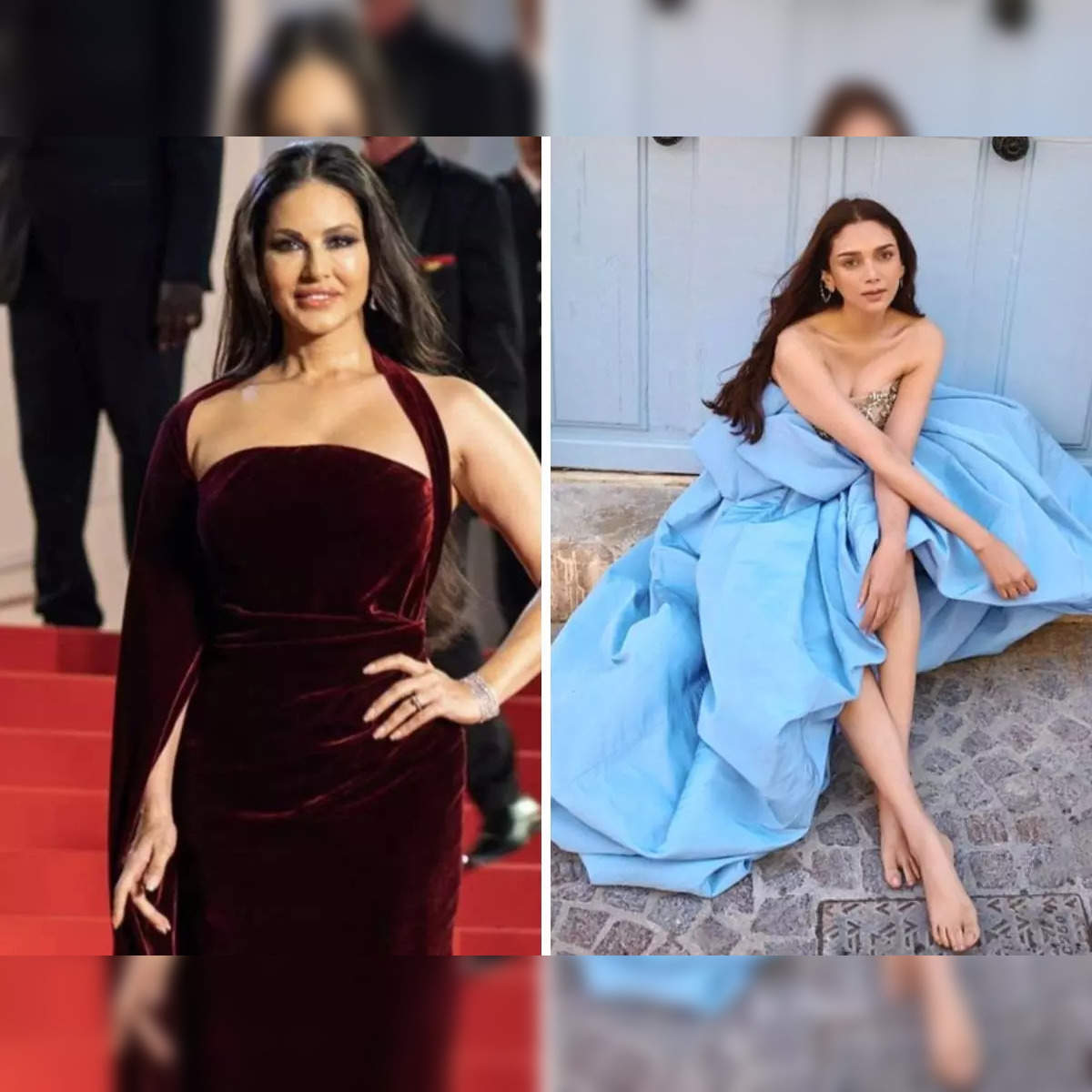 Sunny Leione Hot Change Clothes Xxx - Sunny Leone: Cannes 2023: Sunny Leone mesmerises in maroon velvet dress,  Aditi Rao Hydari's baby blue gown is a dreamy look - The Economic Times