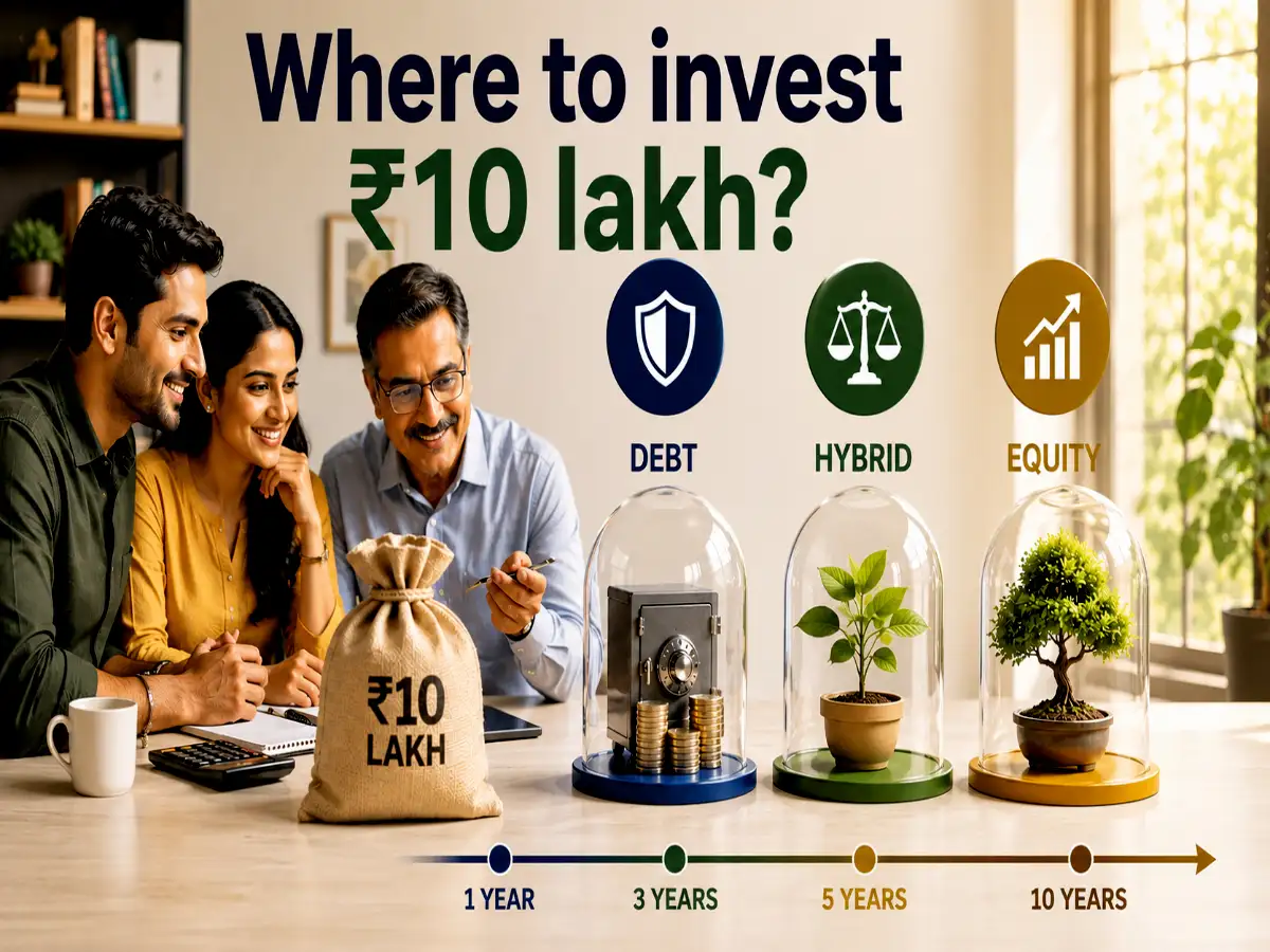 A person weighing investment options: equity, hybrid, and debt, represented by scales or distinct icons.