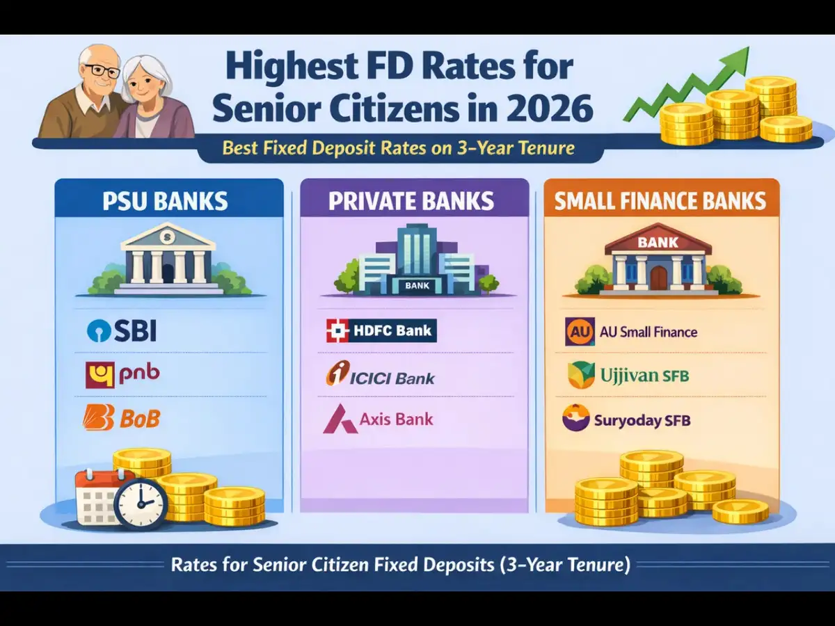 Highest FD rates for senior citizen in 2026: PSU vs private vs small finance banks with best fixed deposit rates on 3-year tenure