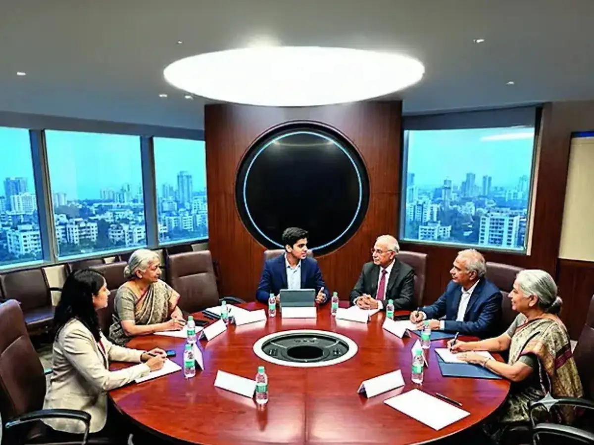 An energetic young person in business attire confidently leading a discussion in a modern boardroom.