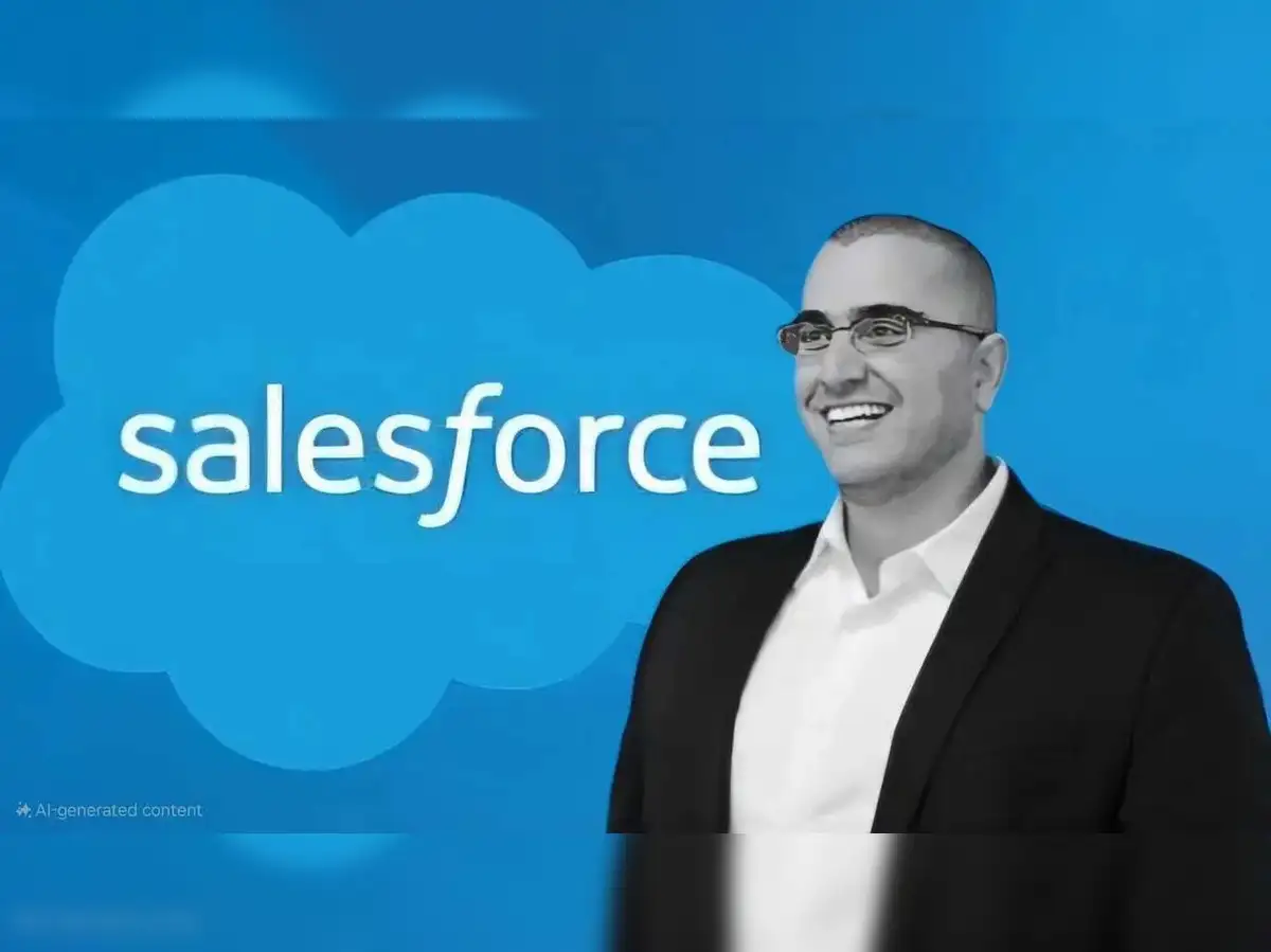Salesforce logo next to a stylized depiction of AI helping a human worker, emphasizing collaboration and enhancement.