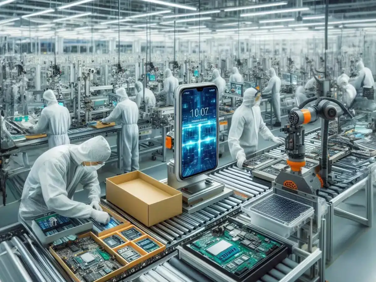 Close-up of a smartphone with circuit board visible, overlaid with a graphic representing India's economic growth and manufacturing