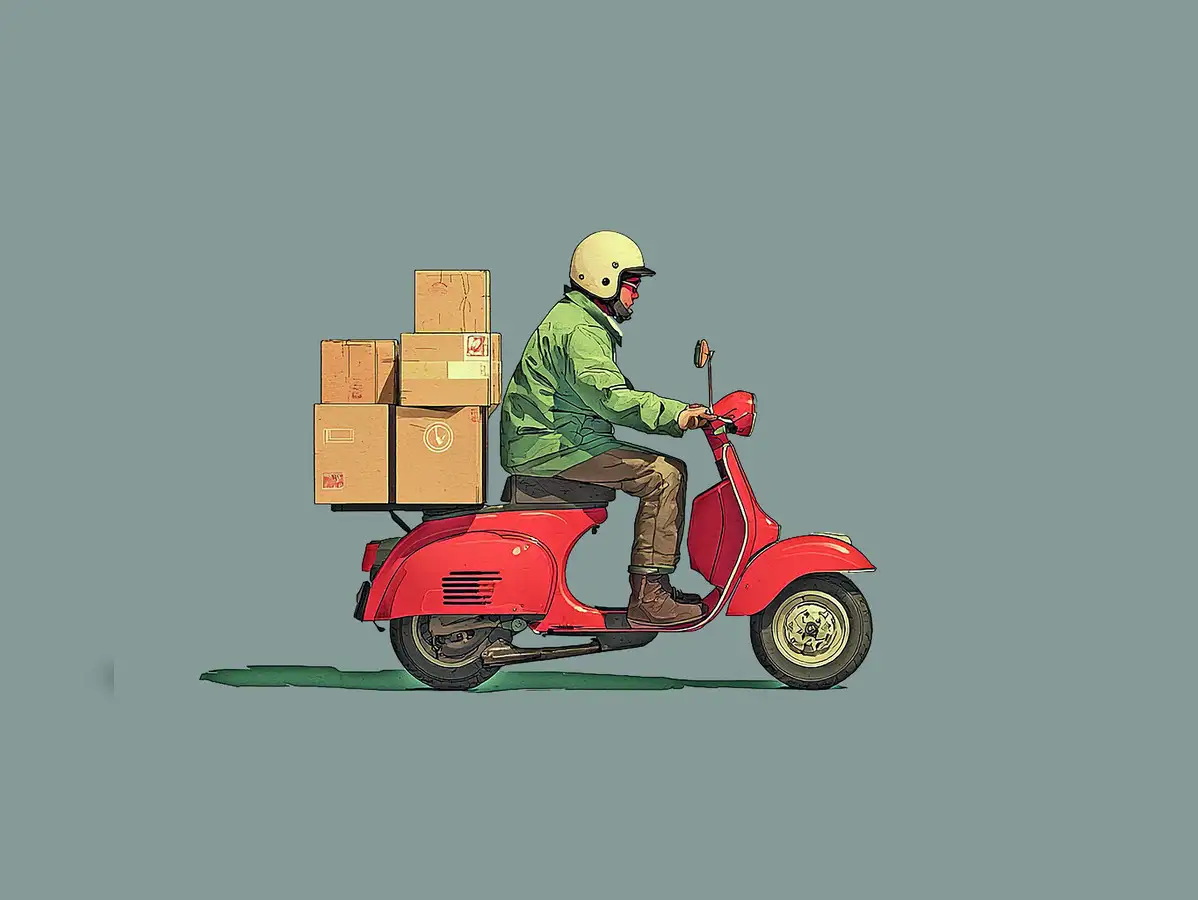 An iFood delivery rider on a motorcycle in a vibrant Brazilian city, with the company logo visible.