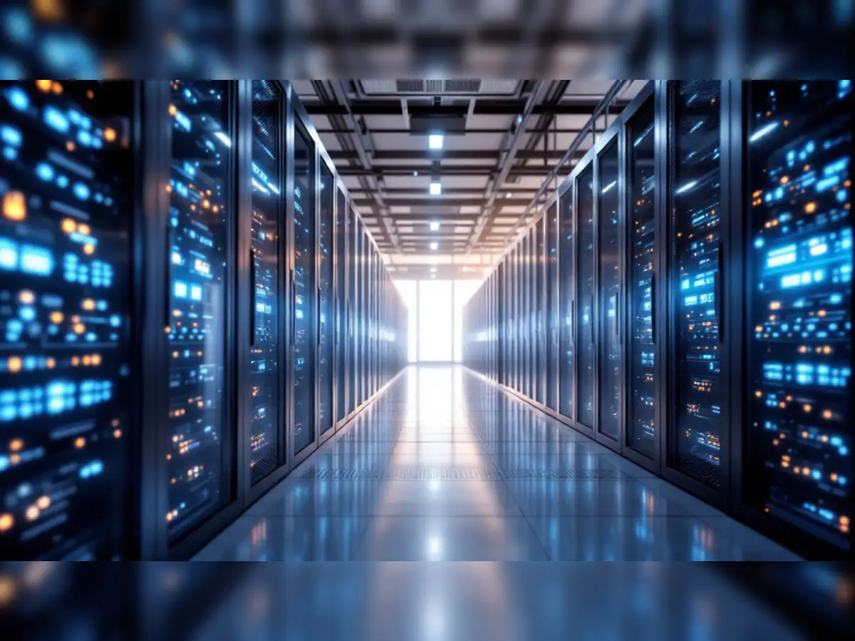 A large, modern data center facility with rows of server racks, symbolizing the infrastructure powering AI computing.