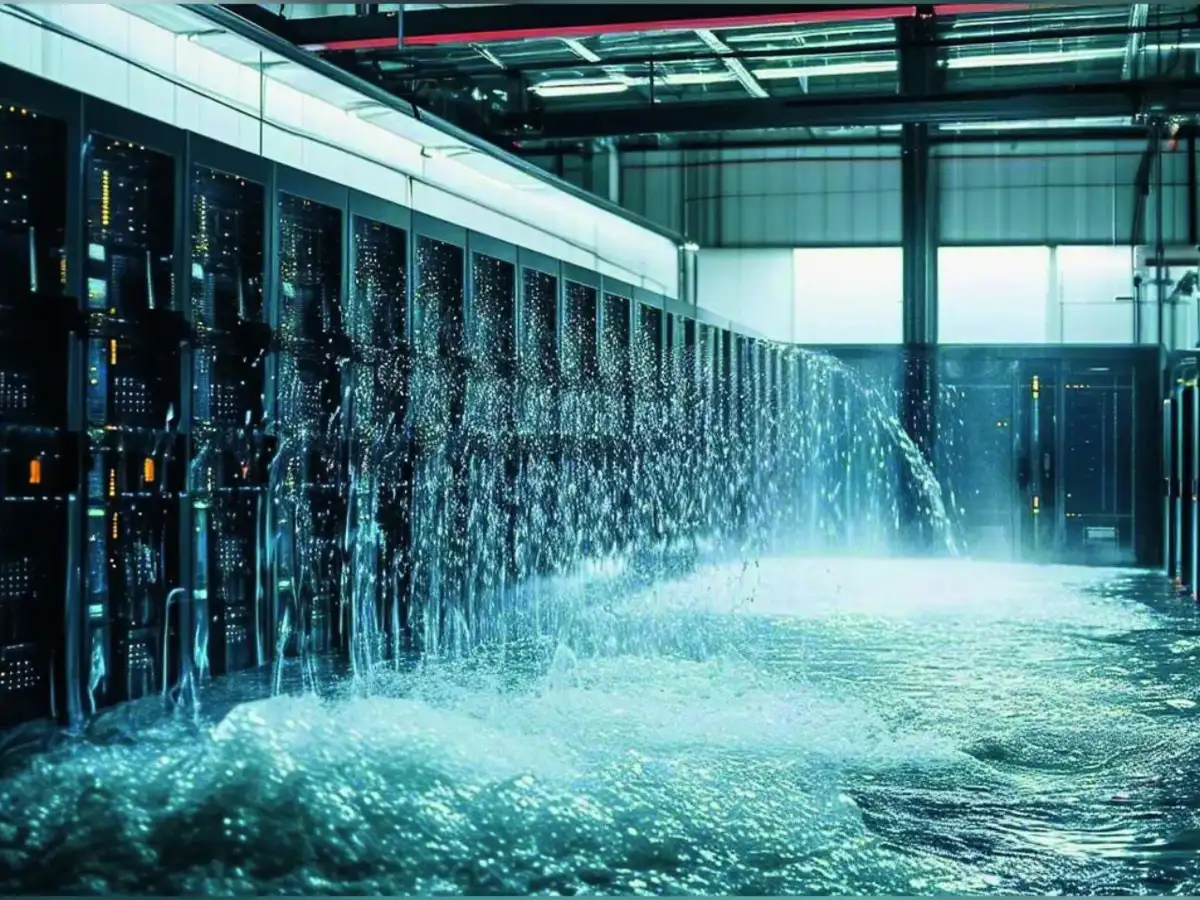 Rows of server racks glowing in a large data center, symbolizing AI's energy consumption.