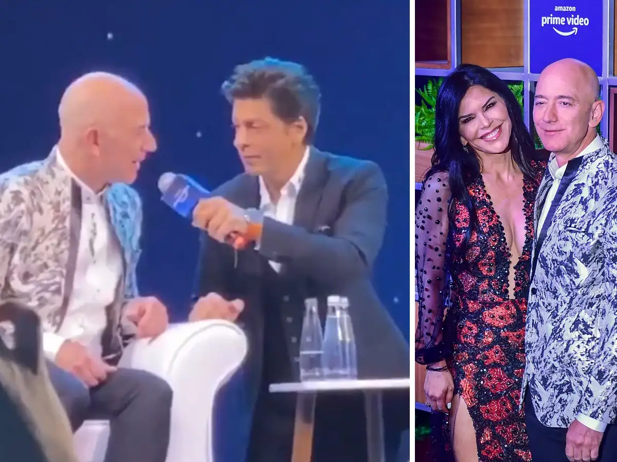 Jeff Bezos Shah Rukh Khan Jeff Bezos Lauren Sanchez Make Red Carpet Debut Srk Makes Amazon Boss Try His Hand At Don Dialogue The Economic Times