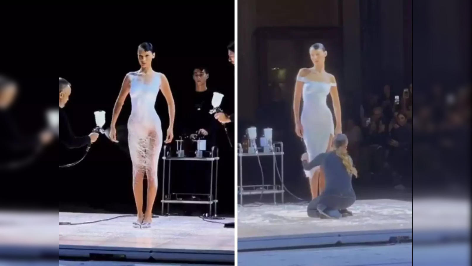 Bella Hadid Has Her Coperni Slip Dress Spray-Painted on Live on the Runway