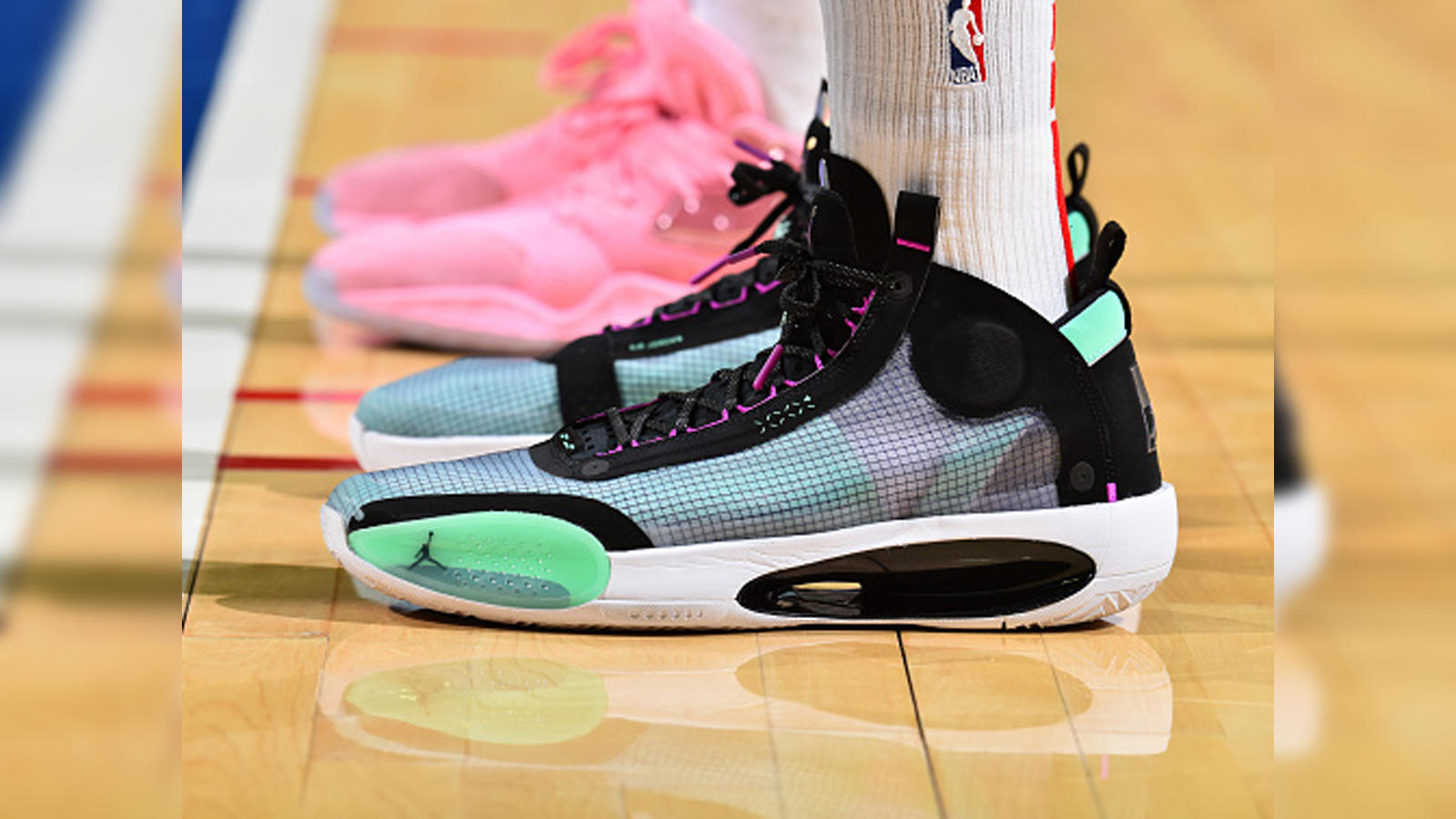 A general view of the pink Adidas basketball sneakers worn by News Photo  - Getty Images