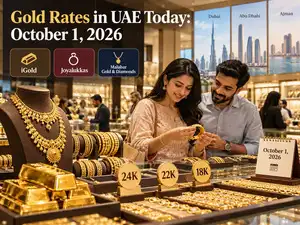 Image for Gold rates in UAE today, October 1: Check 24K, 22K, 18K prices in Dubai, Abu Dhabi, Ajman at iGold, Joyalukkas, Malabar Gold & Diamonds