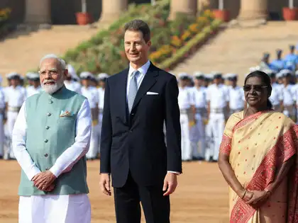 Indian Prime Minister Narendra Modi, President Droupadi Murmu and Liechtenstein's Hereditary Prince Alois attend Alois's ceremonial reception during his four-day state visit, at Rashtrapati Bhavan in New Delhi