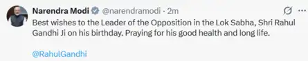 PM Modi sends warm birthday wishes to Congress leader Rahul Gandhi