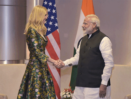 Prime Minister Narendra Modi shakes hands with Ivanka Trump, the Advisor to the President of United States, on the sidelines of the Global Entrepreneurship Summit-2017 in Hyderabad.