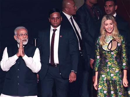 Prime Minister Narendra Modi and advisor to US President Ivanka Trump arrive at the Global Entrepreneurship Summmit at the Hyderabad convention centre (HICC) in Hyderabad on November 28, 2017. Ivanka Trump arrived in India on November 28 to fanfare and criticism ahead of her biggest solo mission abroad since her father became president.