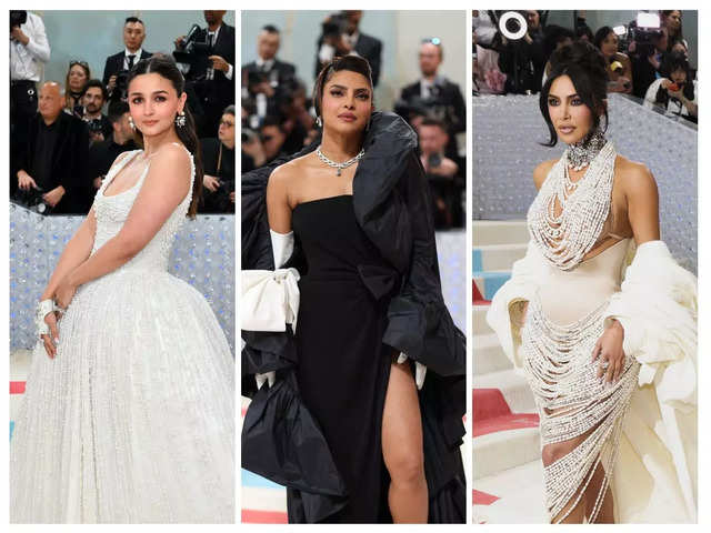 Met Gala 2023 Outfits: Met Gala 2023: Alia Bhatt's white gown with 100K  pearls, Priyanka Chopra looks edgy in thigh-slit Valentino dress, Kim  Kardashian makes an entry in Schiaparelli outfit - The