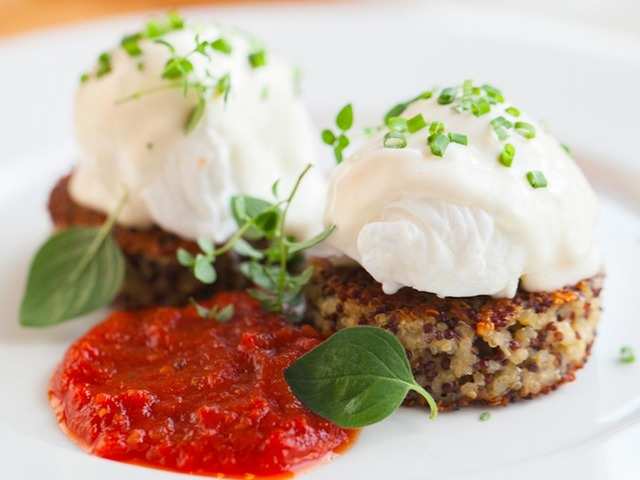 Quinoa Cakes With Basil Chive Cream And Roasted Red Pepper Sauce
