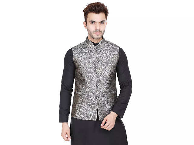 Embroidered Art Silk Nehru Jacket in Grey : MTR2863